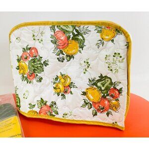 Vintage 70s toaster cover, yellow quilted vinyl, veggie print, 2 slices toasters